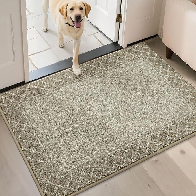 BEQHAUSE Door Mat Dirt Trapper Non Slip Entryway Rugs Absorbent Welcome Mat Low Profile Washable Front Door Mat for Muddy Paws,Entrance,Hallway, 24" x 36",Beige