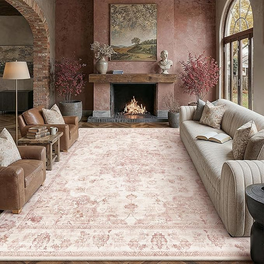 12x15 Neutral Area Rug Pink Vintage Living Room Bedroom Washable Carpet Non-Slip Soft Low Pile Farmhouse Indoor Extra Large Throw Rug for Dining Room Office