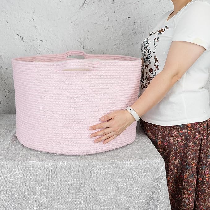 XUANGUO Extra Large Cotton Rope Basket Blankets Basket Living Room 22"x14" Toy Baskets for Kids Dogs Storage Baskets for Nursery Woven Laundry Baskets for Clothes Towels Baby Toy Storage Round pink