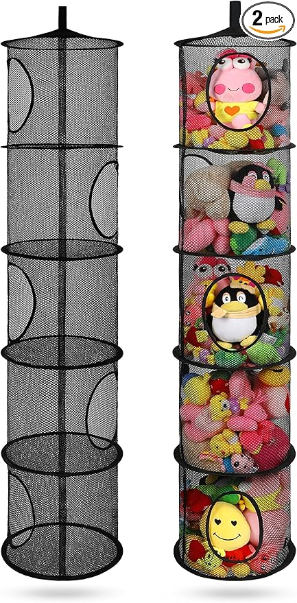 2Pcs Stuffed Animal Storage Foldable Stuffed Animal Net or Hammock Organizer, 5 Compartments Hanging Mesh Toy Storage Hammock for Kid Room Toys, Gloves, Hats, Socks, Black