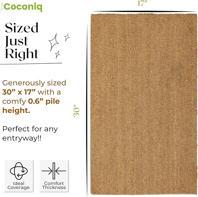 COCONIQ Coir Door Mats 17" X 30", Pack of 1, Non-Slip Sturdy, PVC Backed, Heavy Duty, Easy to Clean, Ideal for Door Entrance, Patio, Porch, Backyard, Garages, Plain Mat
