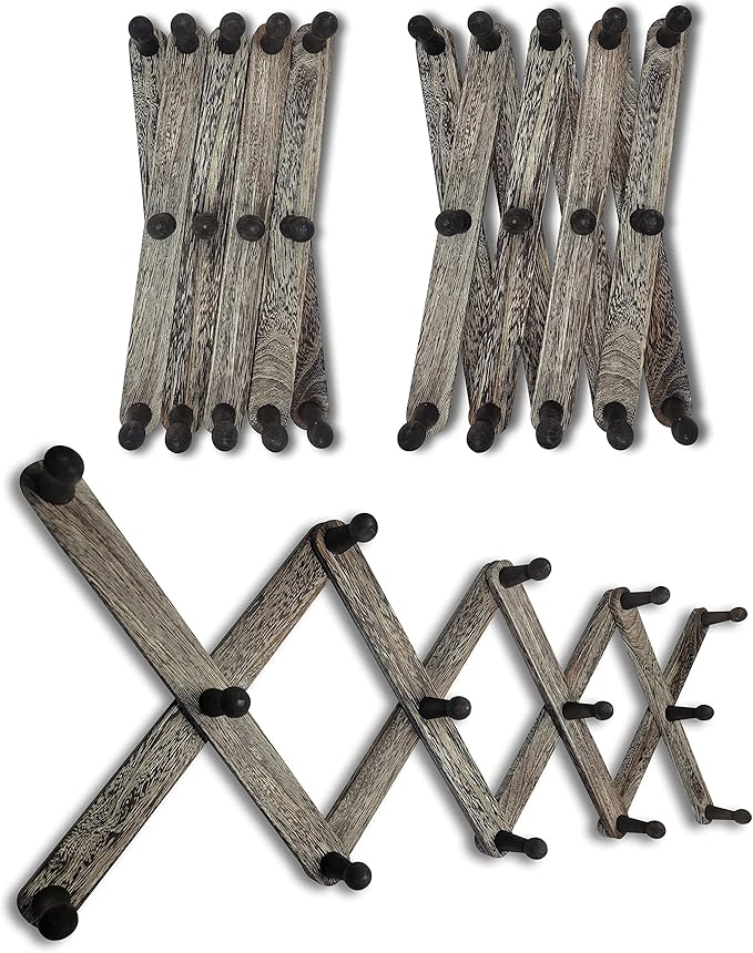 Expandable Wooden Coat Rack Hanger - Accordion Wall Hanger with Expanding Wall Pegs | Hand Made Vintage Wooden Hat Rack for Wall | Hang Coat, Jacket, Hat | Wall Rack – 14 Hook, Washed Gray