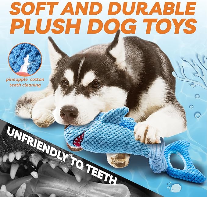 LEGEND SANDY Squeaky Dog Toys for Large Dogs – Interactive Plush Shark Toy with Crinkle & Tug of War Tail, Puppy Chew Toys for Small Medium Large Breeds