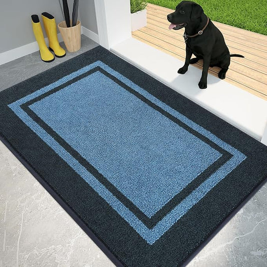 PURRUGS Dirt Trapping Door Mat 34" x 60", Non-Slip Machine Washable Entryway Rug, Entrance Mat, Indoor Front Door Mat, Super Absorbent Entry Rug for Muddy Shoes & Paws, Light Blue & Navy