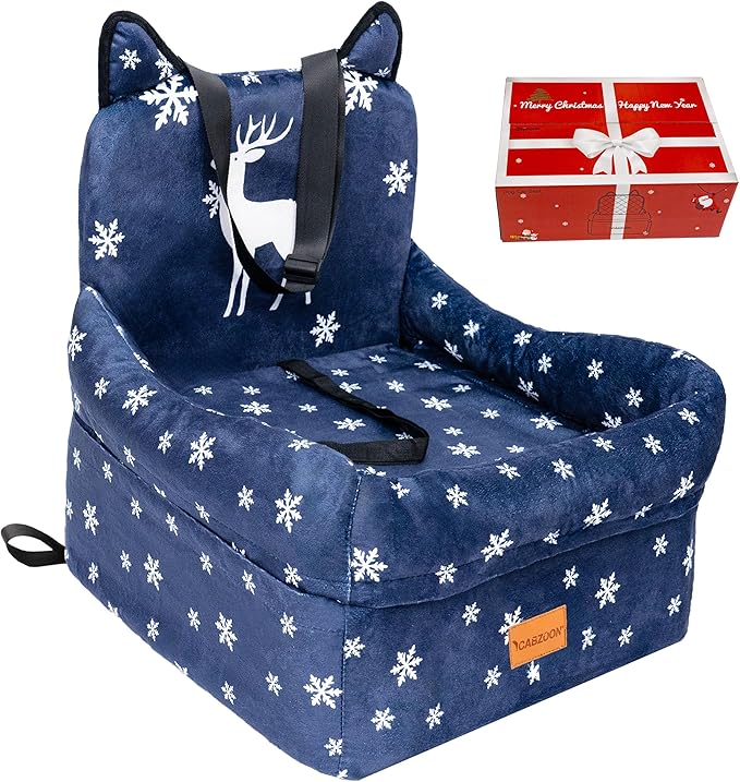 CABZOON Christmas Dog Car Seat for Small/Medium Dogs Up to 35lbs,Elevated Cushion Fits in Front/Back Seat,Travel Safety Per Car Bed with Washable Removable Cover, Storage 2 Pockets Christmas Elk