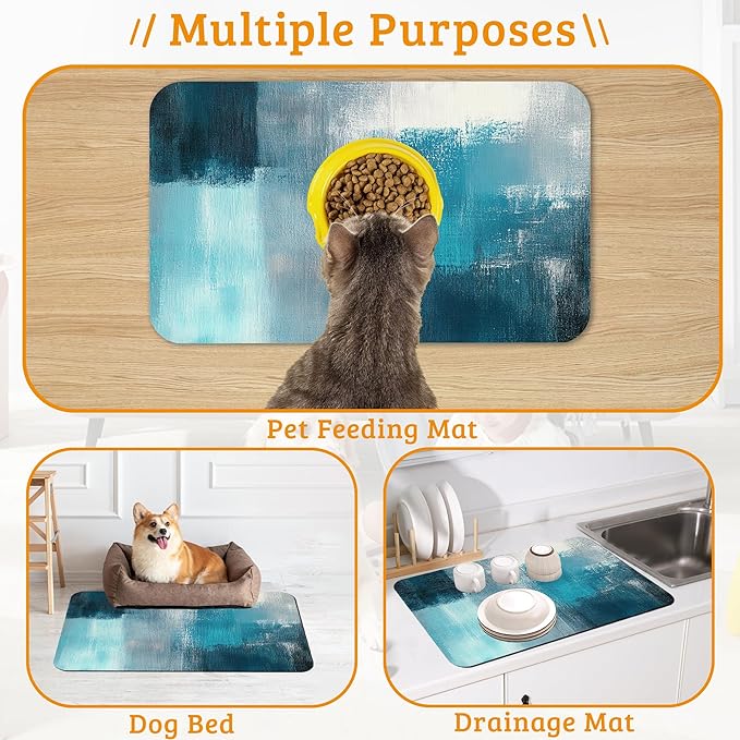 Pet Feeding Mat,Art Painting Absorbent Dog Cat Food Mat Grey Blue Dog Mat with Rubber Backing,Non-Slip Water Bowl Placemat,Pet Supplies 12" x 20"