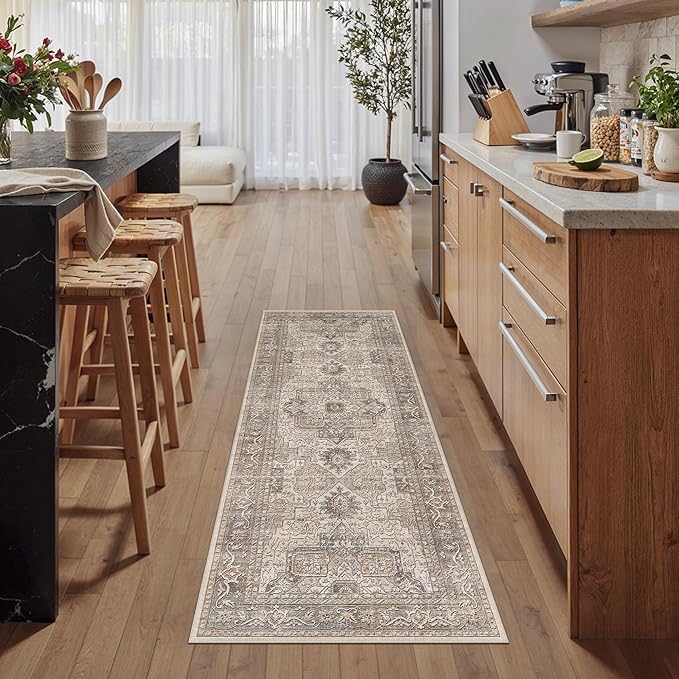 2x5 Washable Vintage Runner Rug Brown Oriental Hallway Kitchen Throw Rug Neutral Non Slip Soft Low Pile Carpet for Bathroom Laundry Bedroom Living Room