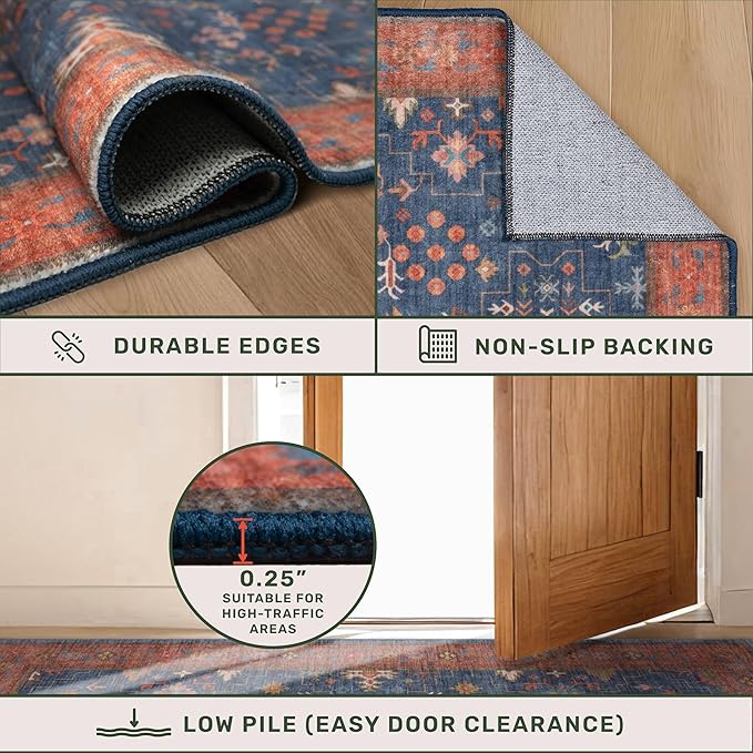 Navy Blue Runner Rug 2x5 for Hallway, Kitchen, Bathroom, Mudroom, Laundry Room, Washable Non Slip Non Skid Rubber Backing Low Pile Stain Resistance