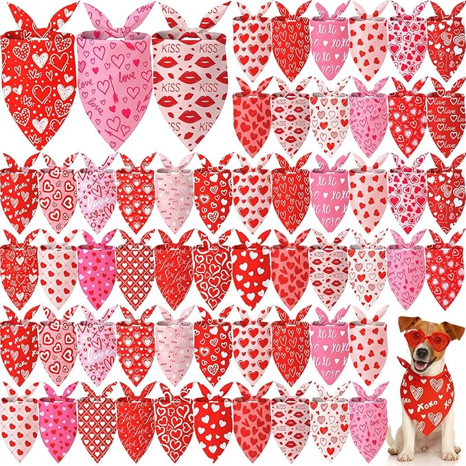 50 Pcs Valentines Day Dog Bandanas Bulk Heart Bandanas for Dogs Triangle Kerchief Bibs Scarf for Pet Sweet Costume Photo Props Accessories Pet Shops Grooming, 25 Styles (19.7 x 13.8 x 13.8)