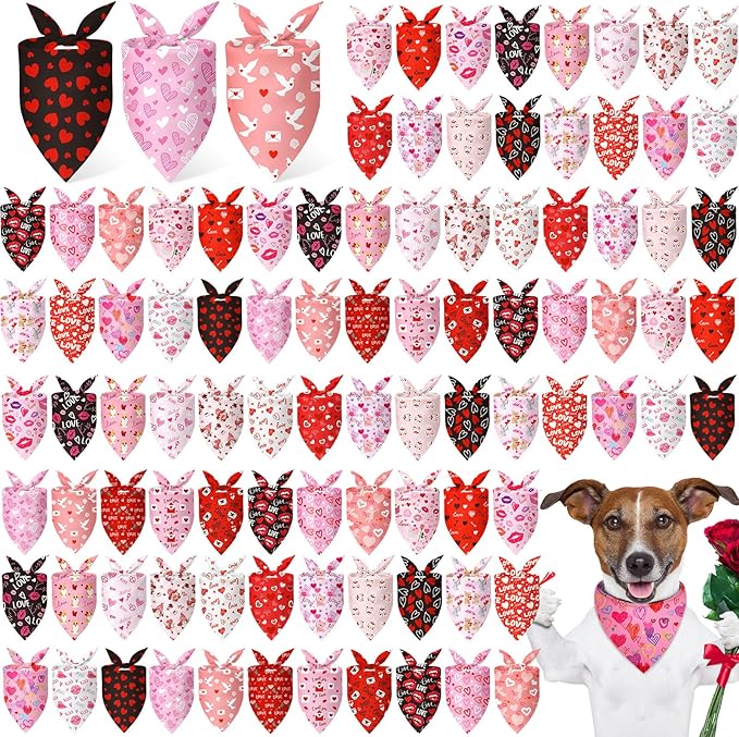 Abbylike 100 Pcs Valentines Day Dog Bandanas Bulk Heart Bandanas for Dogs Triangle Kerchief Bibs Scarf for Pet Romantic Costume Photo Props Accessories Pet Shops Groomer, 25 Styles(25.6 x 17.7 x 17.7)