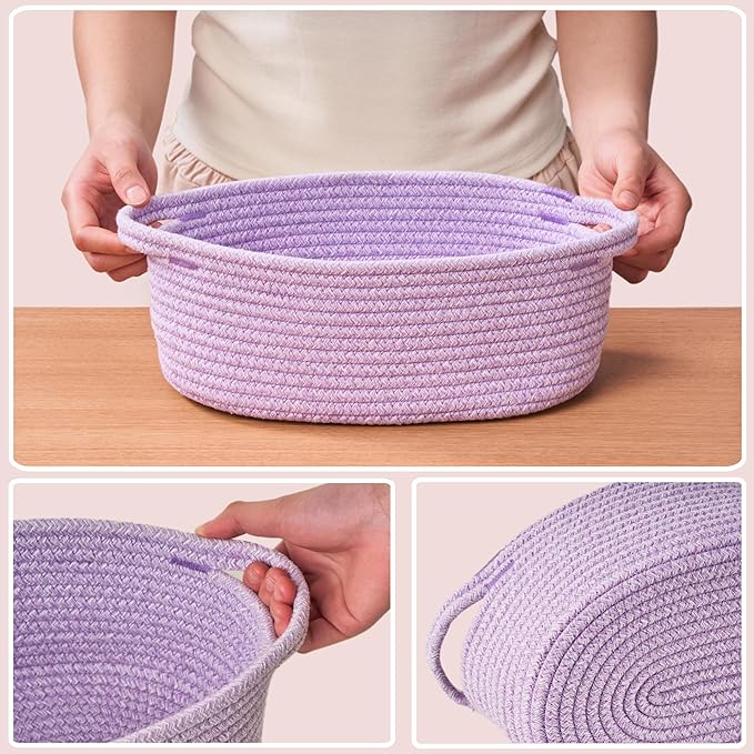 Small Woven Gift Basket Empty with Bag & Ribbon - Gifts for Mom, Baby Shower, Birthdays & Raffle - Cotton Rope Storage Basket for Dog Toys or Shelf - 12"x8"x5", Purple, 2 Packs