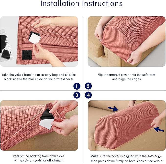 SUBRTEX Stretch Couch Arm Covers Set of 2, Checkered Sofa Arm Slipcovers, Anti-Slip Armrest Covers for Recliner and Armchairs, Pet Proof, High Stretchy, Hook & Loop Tape, Brick