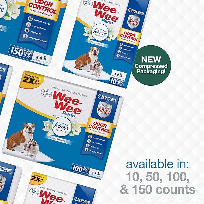 Four Paws Wee-Wee Odor Control with Febreze Freshness Pee Pads for Dogs & Puppies, Leak-Proof Dog Housebreaking Potty Training Floor Protection, Spring Fresh Scent, 22" x 23", 10 Count