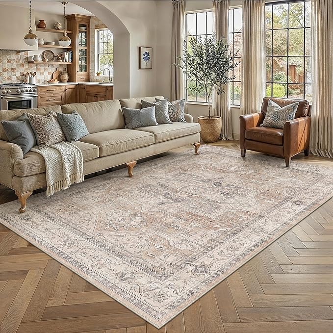 9x12 Washable Vintage Area Rug Coral Oriental Living Room Bedroom Throw Rug Neutral Non Slip Soft Low Pile Carpet for Dining Room Office Nursery Indoor