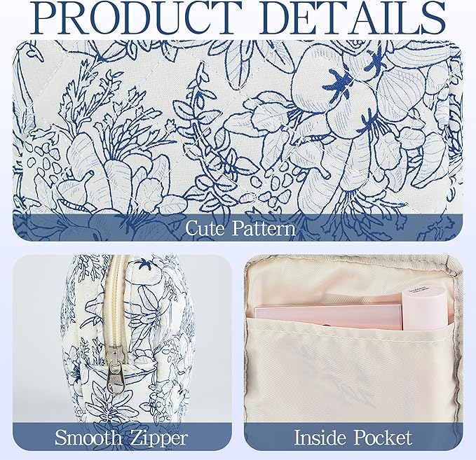 Small Floral Quilted Makeup Bag, Coquette Aesthetic Travel Toiletry Organizer for Women, Lightweight Cotton Cosmetic Pouch