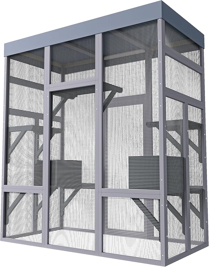 LOVMOR 62.6" Wooden Outdoor Catio for Cats, Large Cat Enclosure with Waterproof Roof, 2 Napping House, Platforms & Rust-Proof Wire – Secure Pet Cage for Backyard or Patio
