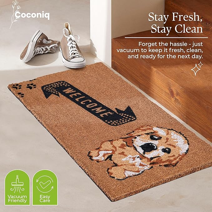 COCONIQ Coir Door Mats 17" X 30", Non-Slip Sturdy, PVC Backed Heavy Duty, Easy to Clean, Ideal for Door Entrance, Patio, Porch, Backyard, Garages, Cute Little Puppy Welcome