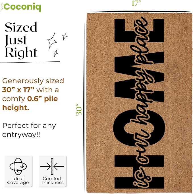 COCONIQ Coir Door Mats 17" X 30", Non-Slip Sturdy, PVC Backed Heavy Duty, Easy to Clean, Ideal for Door Entrance, Patio, Porch, Backyard, Garages, Home is Our Happy Place