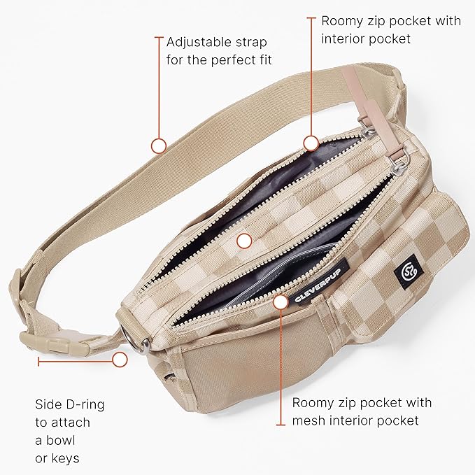 Cleverpup, Dog Walk & Train Sling Bag - Hands-Free 2-In-1 Treat Pouch, Poop Bag Holder, Clicker, Phone Pocket - Crossbody/Fanny Pack, Adjustable Strap - Checkerboard