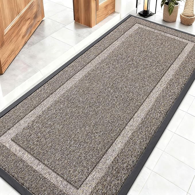 OLANLY Front Door Mat Indoor Outdoor Entrance, Waterproof All-Season, All-Weather Doormat, Sturdy Natural Rubber, Low Profile, Easy Clean Patio Porch Entryway Mat, 59x23, Khaki and White