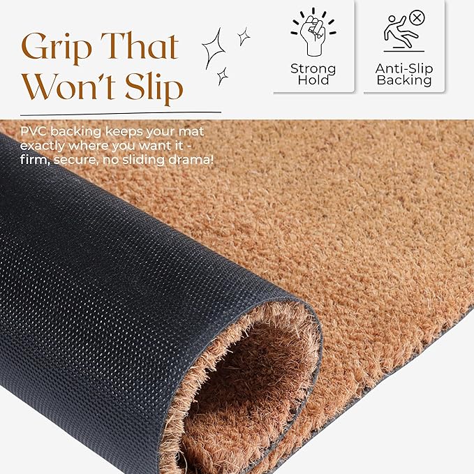 COCONIQ Coir Door Mats 17" X 30", Pack of 1, Non-Slip Sturdy, PVC Backed, Heavy Duty, Easy to Clean, Ideal for Door Entrance, Patio, Porch, Backyard, Garages, Plain Mat