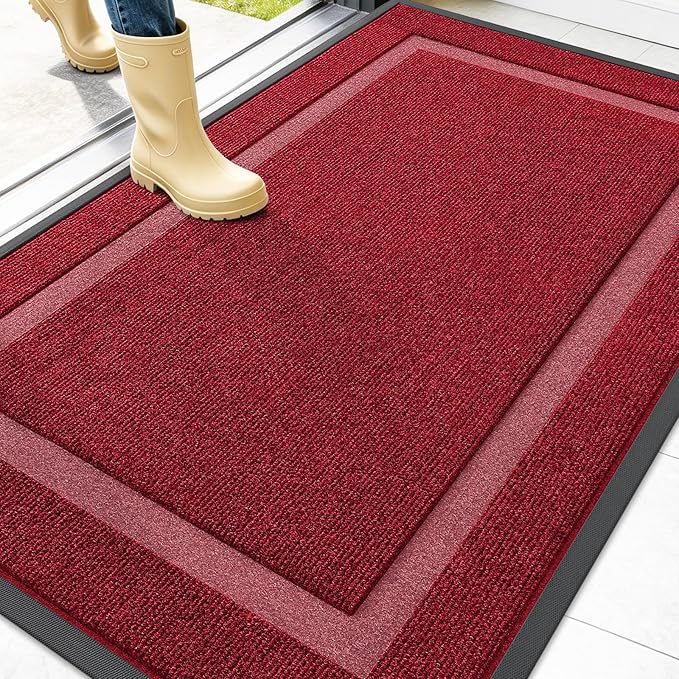 OLANLY Front Door Mat Indoor Outdoor Entrance, Waterproof All-Season, All-Weather Doormat, Sturdy Natural Rubber, Fade Resistant, Low Profile, Easy Clean Patio Porch Entryway Mat, 47x32, Wine Red