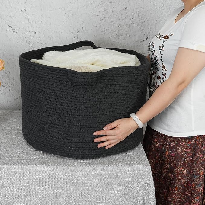XUANGUO Extra Large Cotton Rope Basket Blankets Basket Living Room 22"x14" Toy Baskets for Kids and Dogs Rope Storage Baskets for Nursery Woven Laundry Baskets for Clothes Towels round black