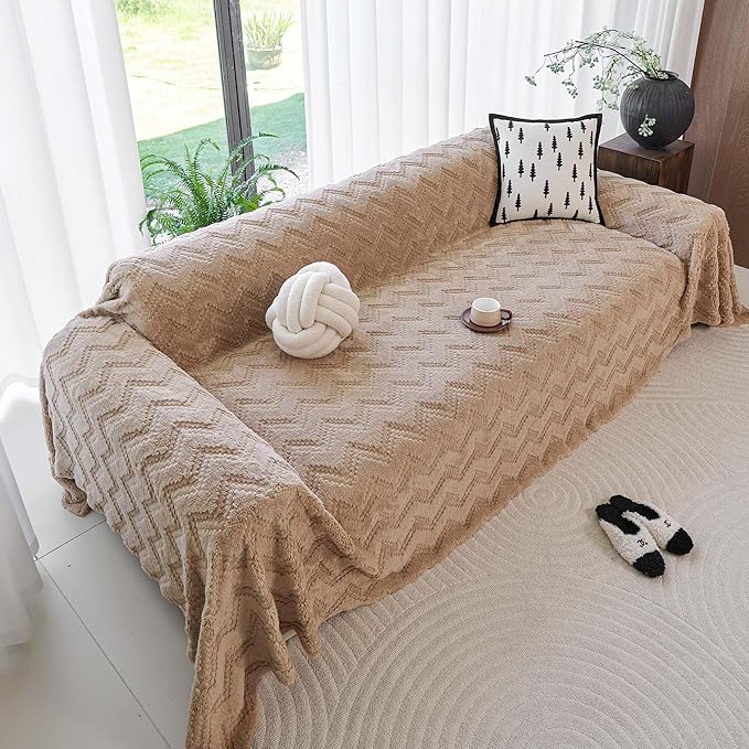 Sherpa Fleece Couch Cover for 3 Cushion Sofa, Brown, 71" x 134" - Pet Proof Sofa Covers Heavy Duty Scratch Resistant Pet Friendly Furniture Cover - Easy Install, Machine Washable