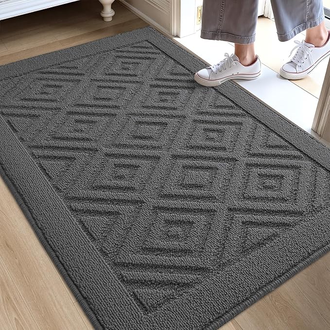 DEXI Front Door Mat for Entryway, 32x48 Washable Entry Rugs with Non Slip Backing, Low Profile Absorbent Welcome Floor Doormat for Inside Home, Entrance, Dark Grey
