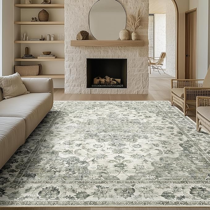 8x10 Washable Neutral Area Rug Green Vintage Living Room Bedroom Carpet Non-Slip Soft Low Pile Farmhouse Indoor Large Throw Rug for Dining Room Office