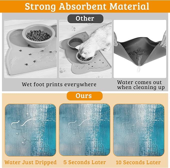 Pet Feeding Mat,Art Painting Absorbent Dog Cat Food Mat Grey Blue Dog Mat with Rubber Backing,Non-Slip Water Bowl Placemat,Pet Supplies 12" x 20"