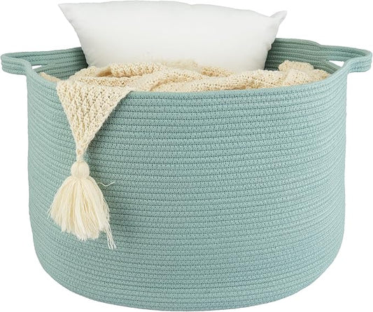 XUANGUO Extra Large Cotton Rope Basket – 22"x14" Woven Storage Basket for Blankets, Toys, Laundry, and Nursery – Round Baskets for Living Room, Kids, and Pets Light Green