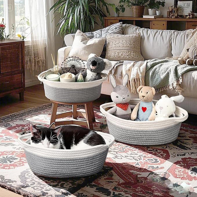 Woven Cotton Rope Gift Basket, Cotton Rope Basket for Closet Shelving Storage with Handles for Living Room, Bedroom(3PCS)