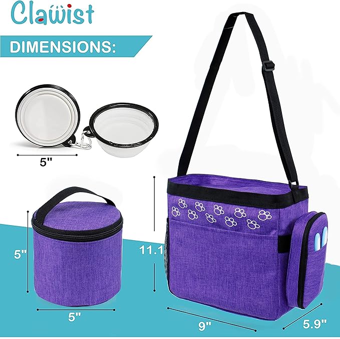 CLAWIST Dog Travel Bag with Treat Pouch, Airline Approved Dog Bags for Traveling, 2 Dog Food Travel Container, 2 Travel Bowls, Weekend Dog Travel Bag for Supplies, Dog Travel Kit Accessories