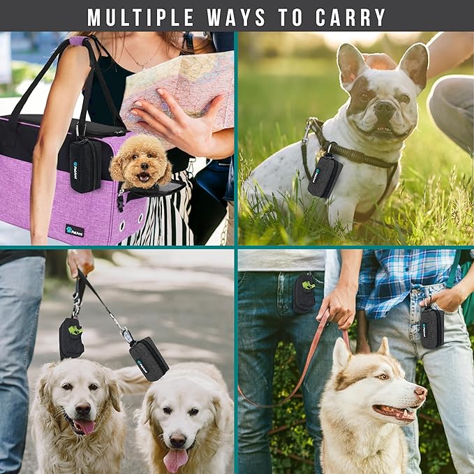 PetAmi Dog Poop Bag Holder for Leash, Dog Treat Pouch Leash, Pet Waste Bag Dispenser with Clip, Doggy Puppy Walking Accessories Supplies with 1 Dog Bag Roll (Black/Gray, 2 Pack)
