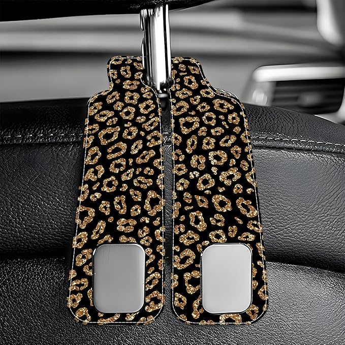 AEWNUNK Car Headrest Purse Hanger Abstract Gold Glitter Leopard 1 Pack Bag Purse Holder for Car Premium Leather Double Metal Hook for Handbags, Grocery Bags and Phones