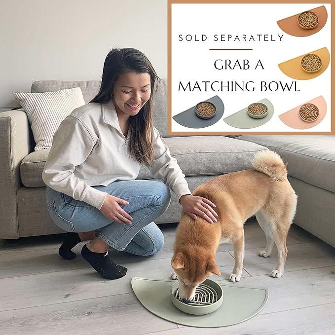 Should We Go? Waterproof Silicone Pet Food Mat - Non-Slip, Spill-Proof Feeding Mats for Floors, Raised Edge Design, Easy-to-Clean Mat for Dog & Cat Bowls, 21" Across x 10.5" Deep, Medium-Sage Green