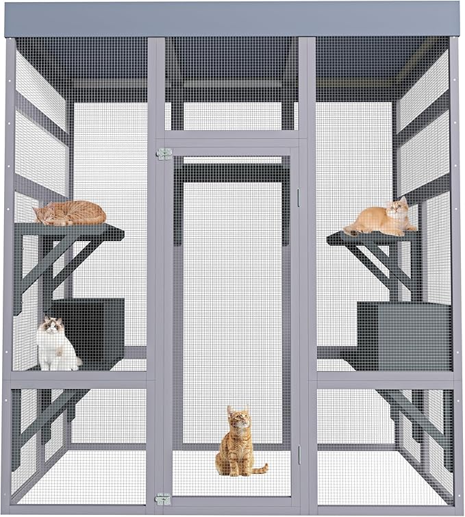 LOVMOR 62.6" Wooden Outdoor Catio for Cats, Large Cat Enclosure with Waterproof Roof, 2 Napping House, Platforms & Rust-Proof Wire – Secure Pet Cage for Backyard or Patio