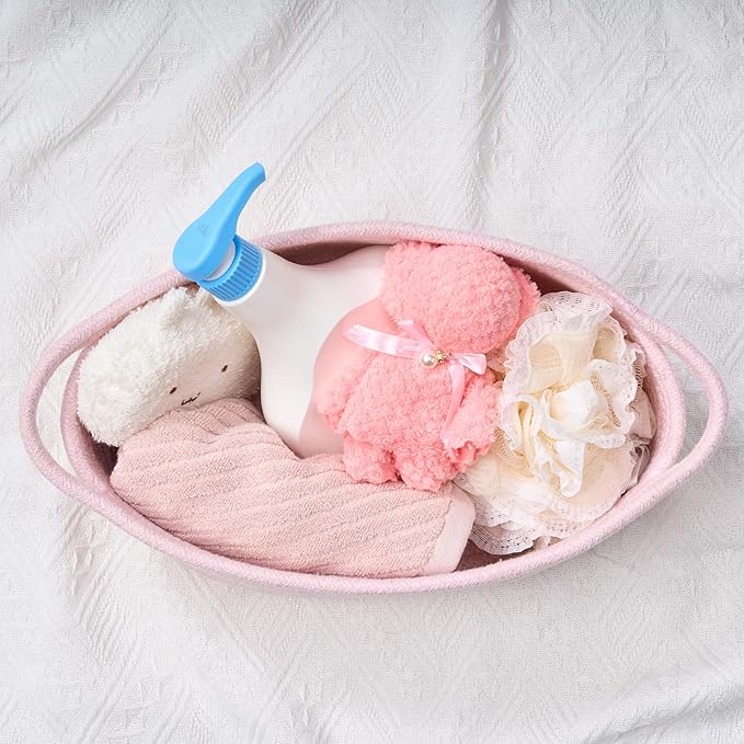 Small Woven Gift Basket Empty with Bag & Ribbon - Gifts for Mom, Baby Shower, Birthdays & Raffle - Cotton Rope Storage Basket for Dog Toys or Shelf - 12"x8"x5", Pink, 2 Packs