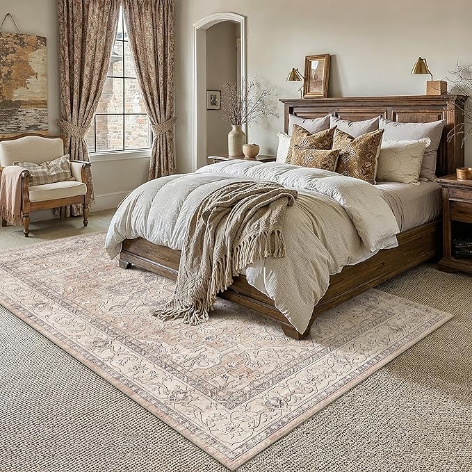 9x12 Washable Vintage Area Rug Coral Oriental Living Room Bedroom Throw Rug Neutral Non Slip Soft Low Pile Carpet for Dining Room Office Nursery Indoor