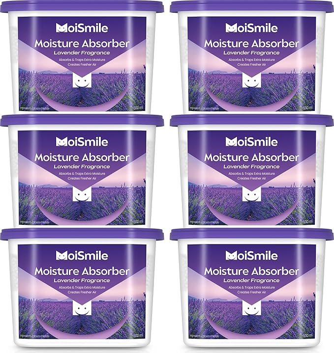 Lavender Fragrance Moisture Absorbers 6 Pack—Refillable 10.5 oz. Humidity Absorber Boxes for Closet, Bathroom, Car & Basement