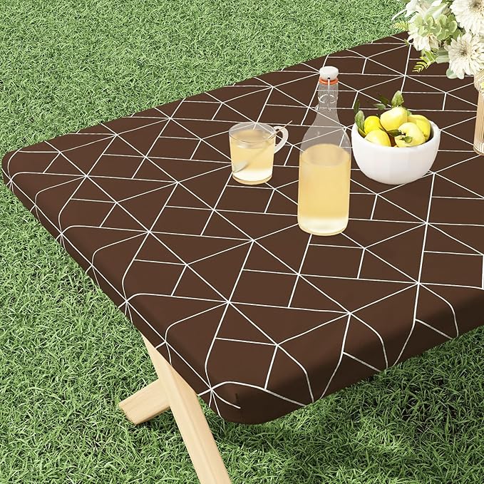 misaya Rectangle Vinyl Tablecloth, 4 Foot Elastic Fitted Table Cover with Flannel Backing, 100% Waterproof Plastic Table Cloth for Picnic, Camping, Outdoor (Coffee and White, 30x48 inch)