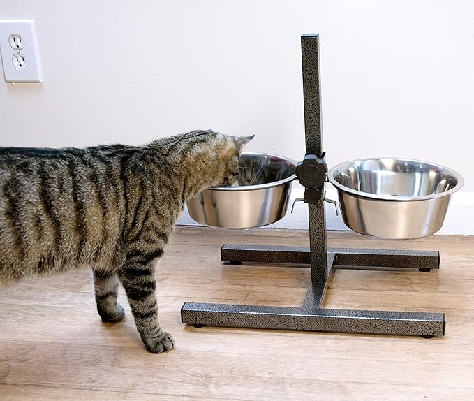 Iconic Pet Adjustable H-Design Double Diner - Non-Skid Rubber Base Noise Free Stable Dog Food Stand with 2 Quart/ 64 oz Stainless Steel Elevated Dog Food Bowls for Proper Growth & Digestion