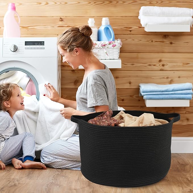 XUANGUO Extra Large Cotton Rope Basket Blankets Basket Living Room 22"x14" Toy Baskets for Kids and Dogs Rope Storage Baskets for Nursery Woven Laundry Baskets for Clothes Towels round black