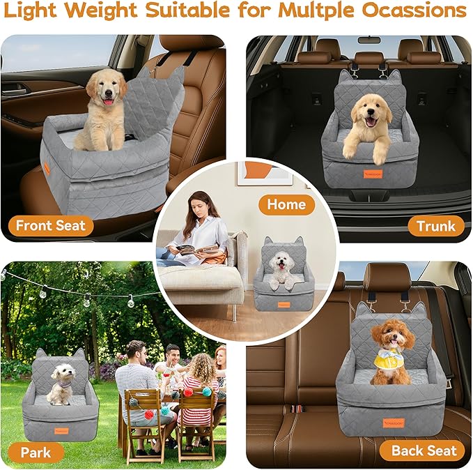 CABZOON Dog Car Seat for Small/Medium Dogs Up to 35lbs,Elevated Cushion Fits in Front/Back Seat,Travel Safety Per Car Bed with Washable Removable Cover, Storage 2 Pockets Grey