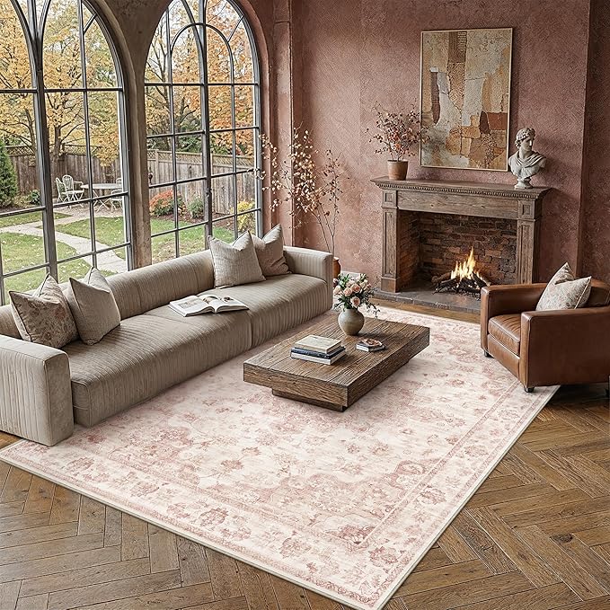 9x12 Neutral Area Rug Pink Vintage Living Room Bedroom Washable Carpet Non-Slip Soft Low Pile Farmhouse Indoor Large Throw Rug for Dining Room Office