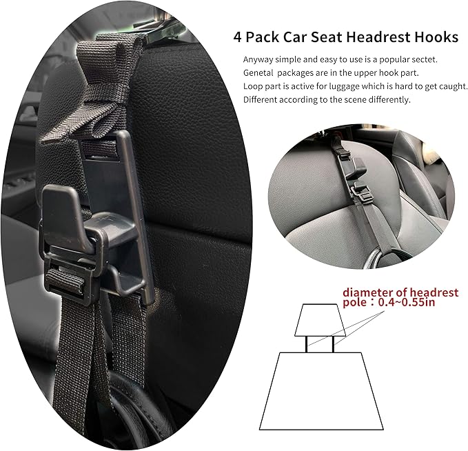 2-Pack Headrest Hooks for Car Universal Interior Auto Vehicle Back Front Seat Hanger Holder Organizer for Handbags Purses Coats and Grocery Bags