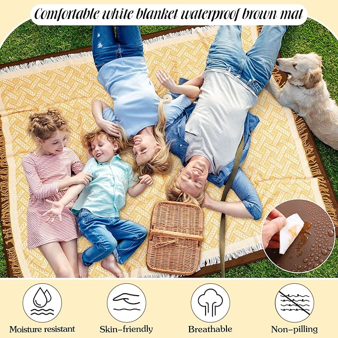 VitalCozy Waterproof Picnic Blankets Outdoor Blanket Foldable 2 in 1 Double Layer Sandproof Beach Mat with Carry Strap for Camping Lawn Park Beach Grass (Yellow White)