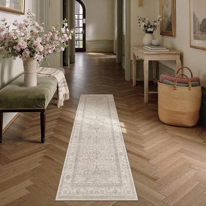 2x6 Washable Vintage Runner Rug Beige Oriental Hallway Kitchen Throw Rug Neutral Non Slip Soft Low Pile Carpet for Bathroom Laundry Bedroom Living Room