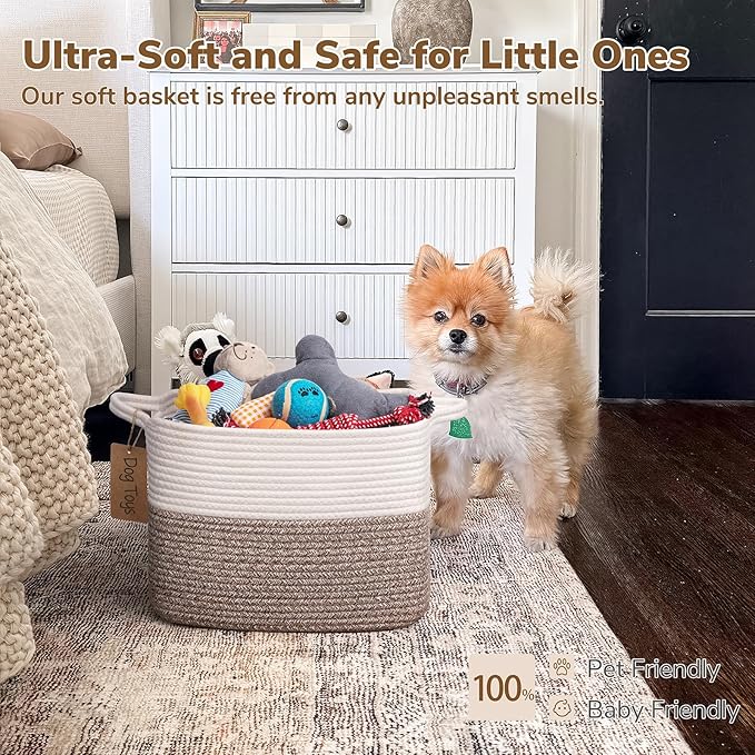 Goodpick Woven Storage Basket, Cotton Rope Baskets for Toys, Books, Small Baby Laundry Baskets with Handles, Rectangle Dog Toy Basket for Living Room, 13 x 10 x 9 Inches